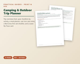 Camping Trip Planner, Outdoor Gear Checklist, Camping Meal Planner, First Aid Checklist, Printable PDF