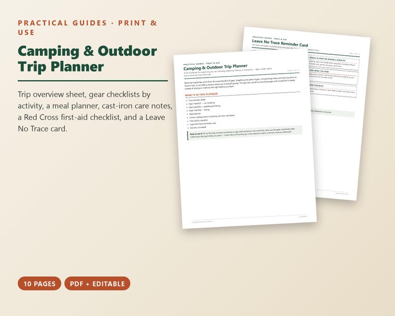 Puede incluir: Un conjunto de documentos Camping & Outdoor Trip Planner que incluye 10 p&aacute;ginas en formatos PDF y editable. Las p&aacute;ginas incluyen una hoja de resumen del viaje, listas de equipo, un planificador de comidas, notas de cuidado de hierro fundido, una lista de primeros auxilios y una tarjeta Leave No Trace.