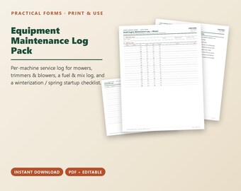 Small Engine Maintenance Log Pack, Service Intervals, Fuel Log (PDF Editable)