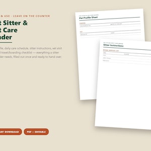 K&ouml;nnte beinhalten: Ein Pet Sitter & Pet Care Binder Dokumentenset mit einem Haustier-Profilblatt und einer Seite f&uuml;r Sitter-Anweisungen. Der Text enth&auml;lt &Uuml;berschriften f&uuml;r F&uuml;tterung, Tierarzt und Aufbewahrungsorte in dunkelgr&uuml;ner Schrift auf wei&szlig;en Bl&auml;ttern.