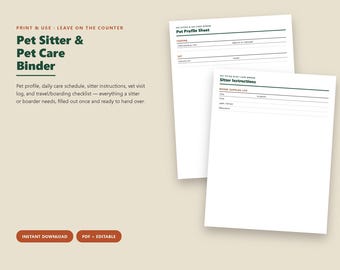 Pet Sitter Instructions Binder, Pet Care Sheet, Vet Log, Daily Schedule, Travel Boarding Checklist Printable Editable PDF
