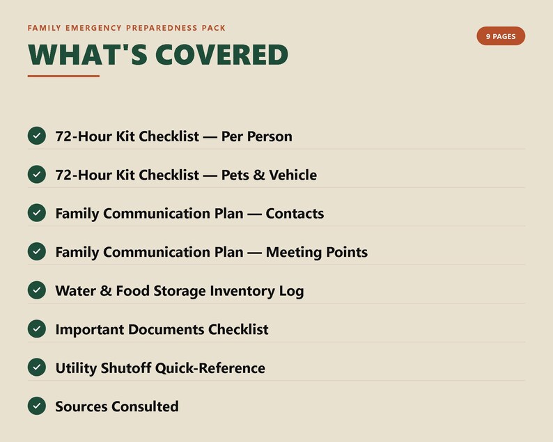 May include: A beige document titled Family Emergency Preparedness Pack with 9 pages. The text reads: What's Covered, 72-Hour Kit Checklist for persons, pets, and vehicles, family communication plan for contacts and meeting points, inventory logs, and checklists.