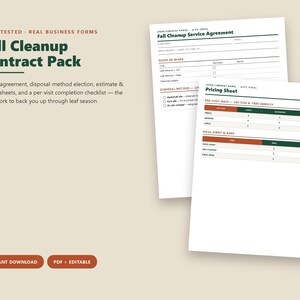 May include: A Fall Cleanup Contract Pack featuring business forms, a service agreement, and a pricing sheet. The documents include text headers like Fall Cleanup Service Agreement and Pricing Sheet, with fields for client details and service rates.