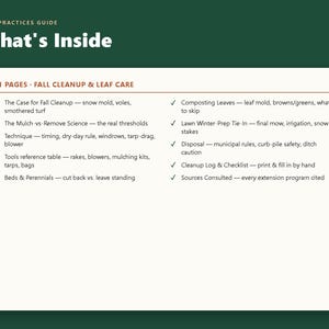 以下が含まれることがあります： Best Practices Guide What's Insideというタイトルの白い情報ドキュメント。秋の清掃と落ち葉のケアに関する11ページの内容が記載されています。テキストには、清掃の必要性、マルチングの科学、技術、ツール、堆肥化、芝生の冬支度、廃棄ルールなどがリストアップされています。