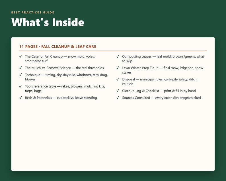 以下が含まれることがあります： Best Practices Guide What's Insideというタイトルの白い情報ドキュメント。秋の清掃と落ち葉のケアに関する11ページの内容が記載されています。テキストには、清掃の必要性、マルチングの科学、技術、ツール、堆肥化、芝生の冬支度、廃棄ルールなどがリストアップされています。