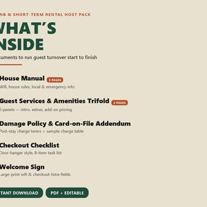 Pu&ograve; includere: Un elenco di documenti Airbnb & Short-Term Rental Host Pack su sfondo beige. Il testo include: WHAT'S INSIDE, 5 documents to run guest turnover, House Manual, Guest Services & Amenities Trifold, Damage Policy, Checkout Checklist, Welcome Sign.