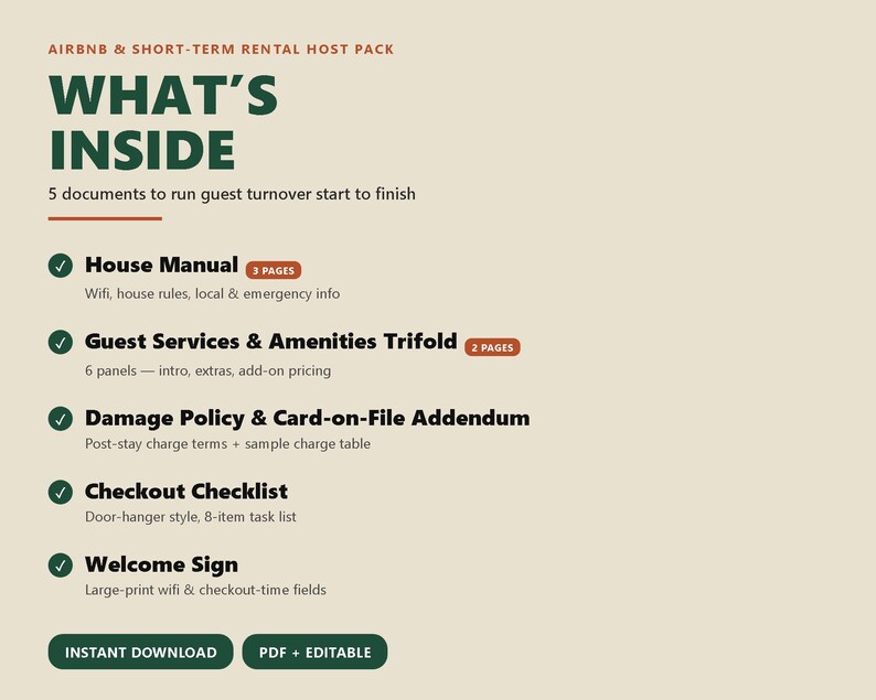Pu&ograve; includere: Un elenco di documenti Airbnb & Short-Term Rental Host Pack su sfondo beige. Il testo include: WHAT'S INSIDE, 5 documents to run guest turnover, House Manual, Guest Services & Amenities Trifold, Damage Policy, Checkout Checklist, Welcome Sign.