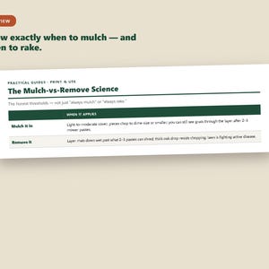 以下が含まれることがあります： ダークグリーンの文字で「The Mulch-vs-Remove Science」と書かれた白い情報カード。芝生の手入れに関するガイドラインが記載されており、芝をマルチングすべきか除去すべきかの判断基準や、芝刈り機の走行回数に関する詳細が含まれています。