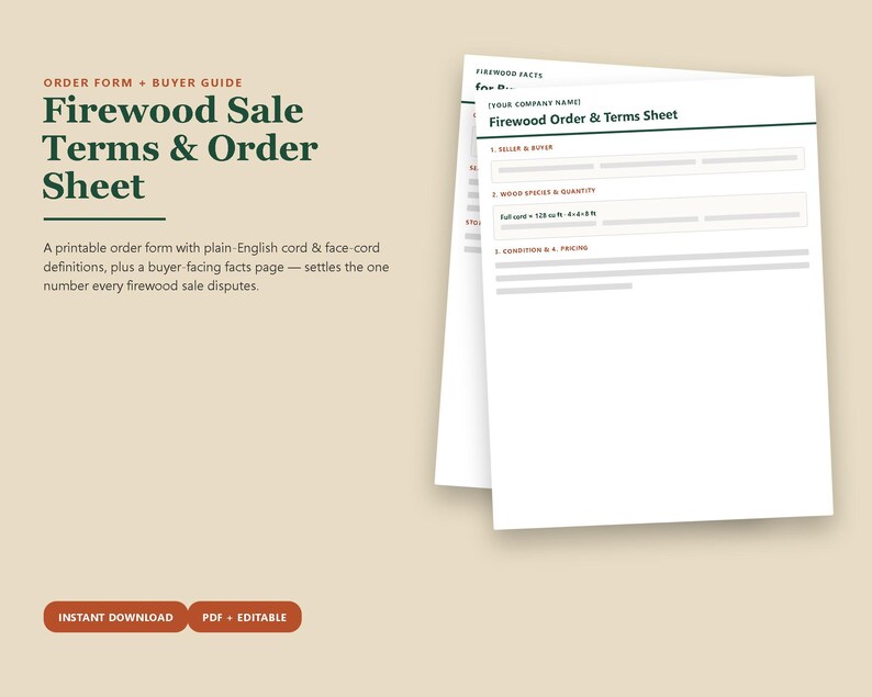 Firewood Order Form Terms Sheet, Cord Face Cord Definitions, Firewood Seller Printable Editable PDF image 1