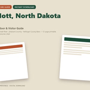 May include: A digital nature guide for Mott, North Dakota, featuring an outdoor and visitor guide with text about the Cannonball River, pheasant country, and Hettinger County lakes. Includes two white document icons with coloured headers.