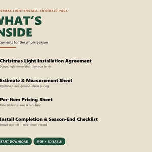 May include: A Christmas Light Install Contract Pack featuring four documents: a Christmas Light Installation Agreement, an Estimate & Measurement Sheet, a Per-Item Pricing Sheet, and an Install Completion & Season-End Checklist, with buttons for instant download.