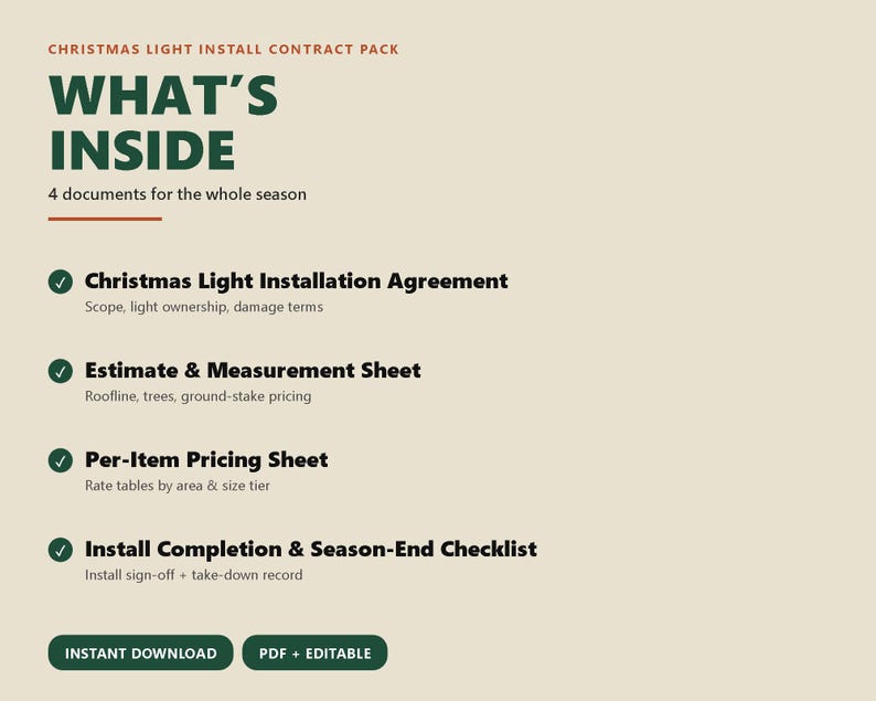May include: A Christmas Light Install Contract Pack featuring four documents: a Christmas Light Installation Agreement, an Estimate & Measurement Sheet, a Per-Item Pricing Sheet, and an Install Completion & Season-End Checklist, with buttons for instant download.