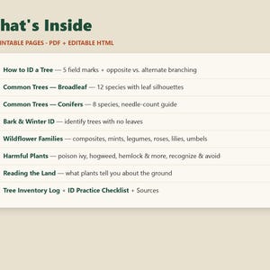 以下が含まれることがあります： What's Insideというタイトルのデジタルドキュメントで、PDFおよび編集可能なHTML形式の11枚の印刷可能なページが含まれています。リストには、How to ID a Tree、広葉樹と針葉樹のCommon Trees、Bark and Winter ID、Wildflower Families、Harmful Plants、Reading the Land、Tree Inventory Logが含まれています。