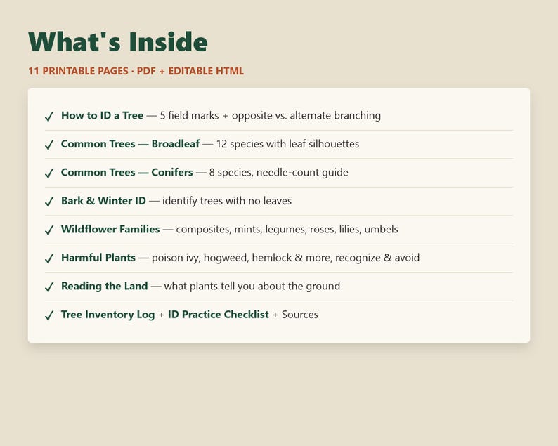 以下が含まれることがあります： What's Insideというタイトルのデジタルドキュメントで、PDFおよび編集可能なHTML形式の11枚の印刷可能なページが含まれています。リストには、How to ID a Tree、広葉樹と針葉樹のCommon Trees、Bark and Winter ID、Wildflower Families、Harmful Plants、Reading the Land、Tree Inventory Logが含まれています。