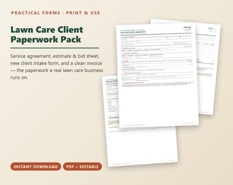 Lawn Care Service Agreement, Estimate, Invoice, Client Forms (PDF + Editable)