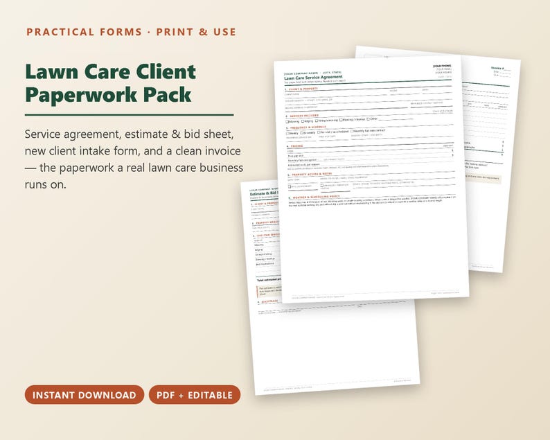 Contratto di servizio per la cura del prato, preventivo, fattura, moduli per il cliente (PDF + modificabili) immagine 1