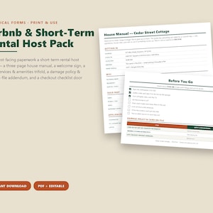 Pu&ograve; includere: Un pacchetto digitale per host Airbnb e affitti a breve termine con moduli stampabili. Il set include un manuale della casa per Cedar Street Cottage e una lista di controllo per il check-out con i dettagli sulla politica dei danni.