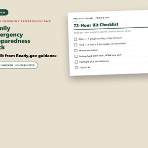 May include: A digital document titled Family Emergency Preparedness Pack, built from Ready.gov guidance. It includes a 72-Hour Kit Checklist with items like water, food, a manual can opener, a radio, a flashlight, and a first aid kit for 3 days.