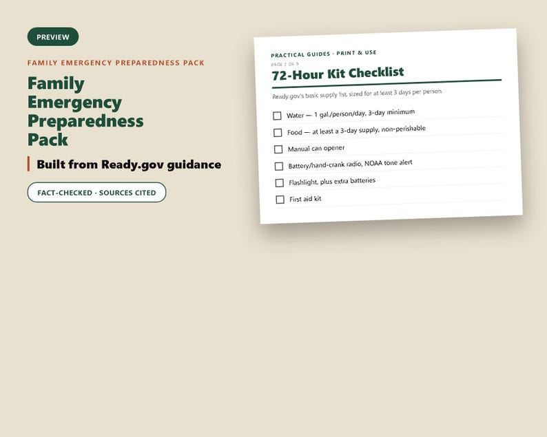 May include: A digital document titled Family Emergency Preparedness Pack, built from Ready.gov guidance. It includes a 72-Hour Kit Checklist with items like water, food, a manual can opener, a radio, a flashlight, and a first aid kit for 3 days.