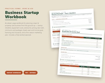 Arbetsbok för startupföretag för gräsmattevård, prissättningsblad, licenschecklista, marknadsplan, redigerbar utskrivbar PDF