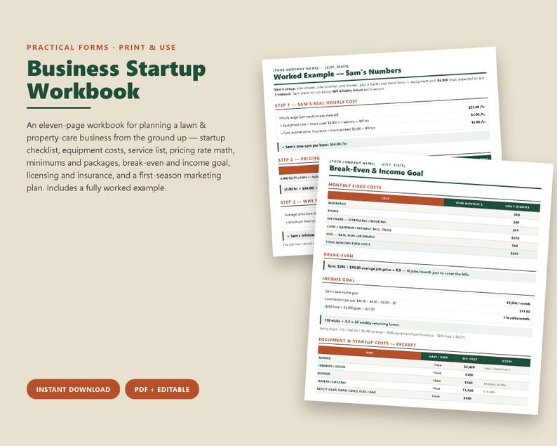 Lawn Care Business Startup Workbook, Pricing Worksheet, Licensing Checklist, Marketing Plan, Editable Printable PDF image 1
