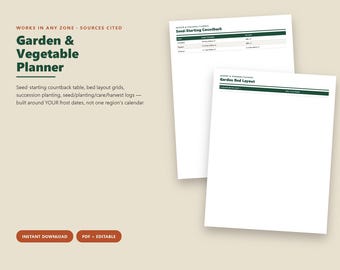 Garden and Vegetable Planner, Seed Starting Chart, Frost Date Countback, Bed Layout Grid, Harvest Log Printable PDF