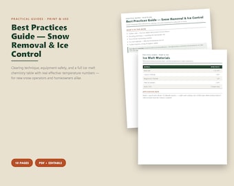 Guide för bästa praxis för snöröjning, kemidiagram för issmältning, säkerhetstips för vintern, referens för snöröjning och skottning, utskrivbar PDF