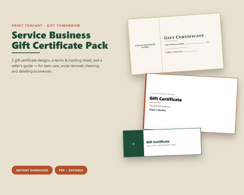 Service Business Gift Certificate Pack, Printable Editable (Instant Download) image 1