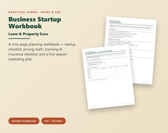 Lawn Care Business Startup Workbook, Pricing Worksheet, Licensing Checklist, Marketing Plan, Editable Printable PDF