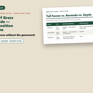 Puede incluir: Un documento digital titulado Turf Grass Guide - Transition Zone que presenta una tabla comparativa de los pastos Tall Fescue, Bermuda y Zoysia. El texto incluye encabezados para el tipo de pasto, resistencia al invierno y tolerancia al calor.