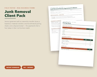 Junk Removal Contract Template, Hauling Service Agreement, Waiver Liability Form, Estimate Pricing Sheet, Editable Printable PDF