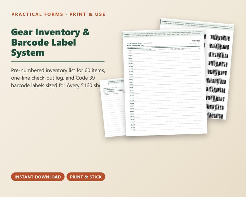 Gear Inventory & Barcode Label System (Printable PDF) image 1