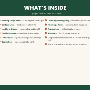 Peut inclure: Un document num&eacute;rique intitul&eacute; WHAT'S INSIDE avec 12 pages &agrave; imprimer ou lire sur &eacute;cran. Il liste des sujets comme Reading a Topo Map, Contour Lines, Landform Shapes, Terrain Features, The Compass, Declination, Orienting & Navigating et Planning a Route.