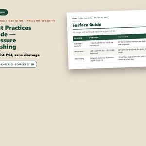 Puede incluir: Un documento digital titulado Best Practices Guide - Pressure Washing, que presenta una tabla Surface Guide con rangos de PSI y t&eacute;cnicas para concreto, cubiertas de madera y revestimiento de vinilo. Incluye textos como Practical Guides y Fact-Checked.