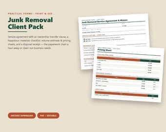 Junk Removal Contract Pack, Service Agreement, Waiver, Estimate Pricing Sheet (PDF Editable)