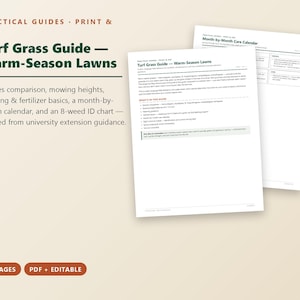 Może przedstawiać: Cyfrowy dokument zatytułowany Turf Grass Guide &mdash; Warm-Season Lawns, zawierający 11 stron materiał&oacute;w do druku. Przewodnik obejmuje por&oacute;wnania gatunk&oacute;w, wysokości koszenia, podstawy podlewania i nawożenia, kalendarz miesięczny oraz tabelę identyfikacji 8 rodzaj&oacute;w chwast&oacute;w.