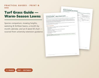 Warm Season Lawn Care Guide, Bermuda Zoysia St Augustine Grass Comparison, Mowing & Fertilizing Calendar, Weed ID Chart, Printable PDF