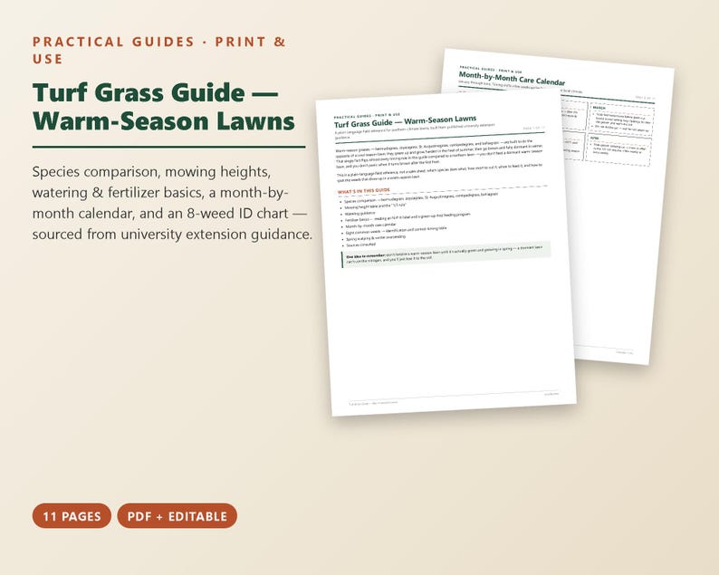 Może przedstawiać: Cyfrowy dokument zatytułowany Turf Grass Guide &mdash; Warm-Season Lawns, zawierający 11 stron materiał&oacute;w do druku. Przewodnik obejmuje por&oacute;wnania gatunk&oacute;w, wysokości koszenia, podstawy podlewania i nawożenia, kalendarz miesięczny oraz tabelę identyfikacji 8 rodzaj&oacute;w chwast&oacute;w.