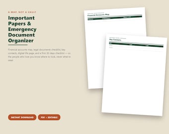 Important Papers Organizer, Emergency Document Binder, Estate Planning Checklist, Financial Accounts Map Printable PDF