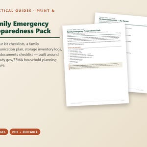 May include: A Family Emergency Preparedness Pack consisting of 9 pages of printable, editable PDF documents. The pages include 72-hour kit checklists, a family communication plan, storage inventory logs, and a documents checklist for household planning.
