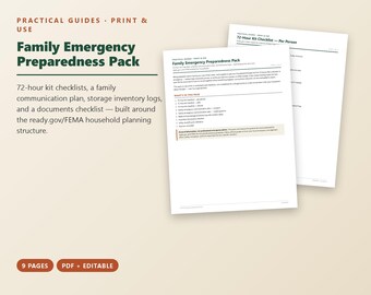 Family Emergency Preparedness Pack, 72 Hour Kit Checklist, Emergency Communication Plan, Printable PDF