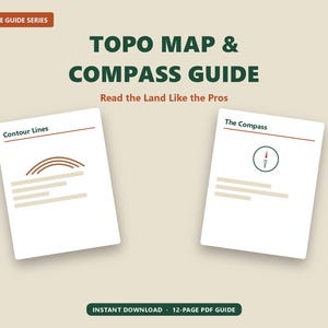 Peut inclure: Un guide num&eacute;rique intitul&eacute; TOPO MAP & COMPASS GUIDE avec le sous-titre Read the Land Like the Pros. Il pr&eacute;sente deux pages blanches intitul&eacute;es Contour Lines et The Compass, avec des illustrations lin&eacute;aires et du texte. NATURE GUIDE SERIES est en haut.