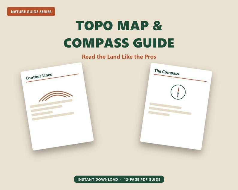 Peut inclure: Un guide num&eacute;rique intitul&eacute; TOPO MAP & COMPASS GUIDE avec le sous-titre Read the Land Like the Pros. Il pr&eacute;sente deux pages blanches intitul&eacute;es Contour Lines et The Compass, avec des illustrations lin&eacute;aires et du texte. NATURE GUIDE SERIES est en haut.