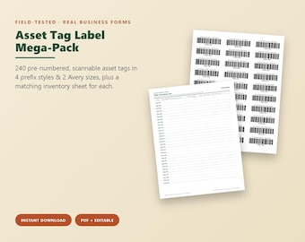 Asset Tag Barcode Labels, Tool Inventory Tracking, for Avery 5160/5167 Label Sheets, Equipment Gear Labels, Printable Inventory System