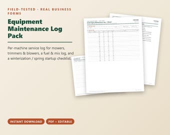Equipment Maintenance Log, Small Engine Service Log, Service Intervals Card, Fuel Log, Winterization Checklist, Editable Printable PDF