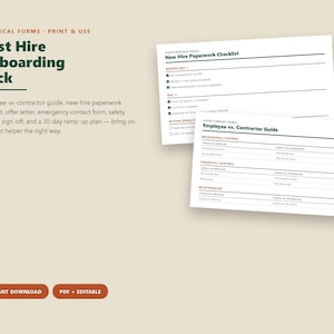 Op de afbeelding: Een onboardingpakket voor de eerste indiensttreding met een checklist voor nieuwe medewerkers en een gids voor werknemers versus contractanten. De documenten bevatten secties voor gedragscontrole, financi&euml;le controle en relatiestatus.