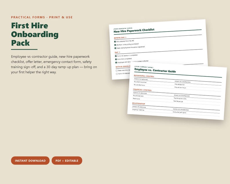 Op de afbeelding: Een onboardingpakket voor de eerste indiensttreding met een checklist voor nieuwe medewerkers en een gids voor werknemers versus contractanten. De documenten bevatten secties voor gedragscontrole, financi&euml;le controle en relatiestatus.