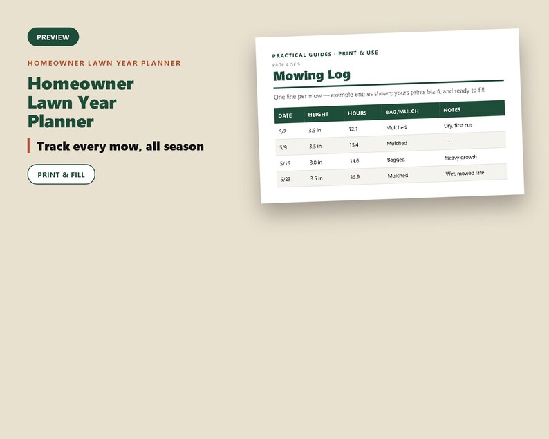 Op de afbeelding: Een Homeowner Lawn Year Planner document met een Mowing Log tabel met kolommen voor datum, hoogte in inches, uren, zak of mulch en notities. De tekst bevat Homeowner Lawn Year Planner en Track every mow, all season.