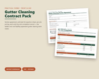 Gutter Cleaning Service Contract Template, Estimate Inspection Pricing Sheet, Completion Checklist, Editable Printable PDF