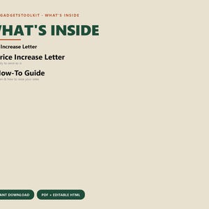 K&ouml;nnte beinhalten: Ein digitales Dokument mit dem Titel VICKSGADGETSTOOLKIT - WHAT'S INSIDE, das eine Liste mit einem Preiserh&ouml;hungsschreiben und einer Anleitung enth&auml;lt. Der Text umfasst INSTANT DOWNLOAD und PDF + EDITABLE HTML Schaltfl&auml;chen auf beigem Grund.